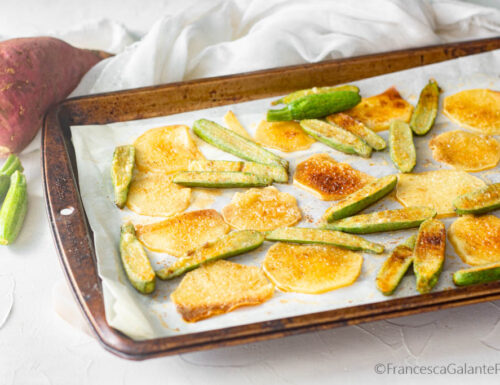 Side dish of au gratin zucchini and baked American potatoes