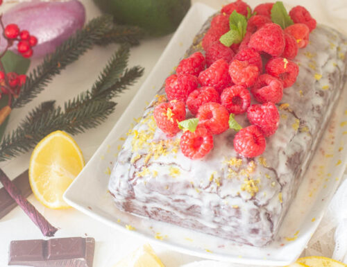 Raspberry and avocado plumcake frosted with lemon