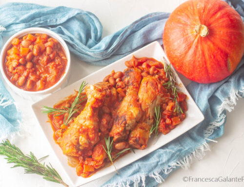 Chicken with pumpkin and green beans in a pan