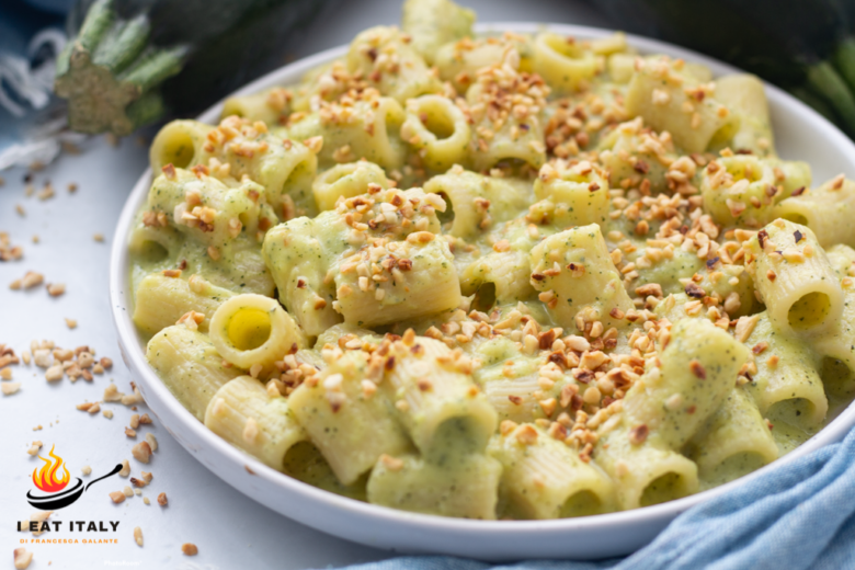 Pasta with courgettes, caciotta and hazelnuts