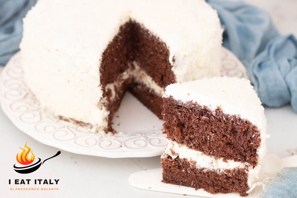 Very soft chocolate and coconut cake.