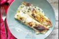 Crepes manicotti with ham and peas