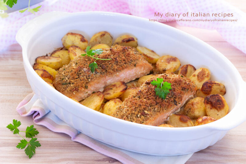 Crusted salmon with baked potatoes