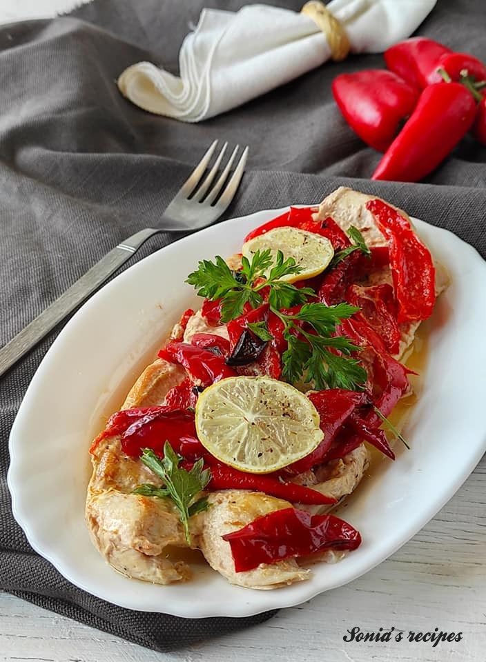 Chicken breast baked with peppers