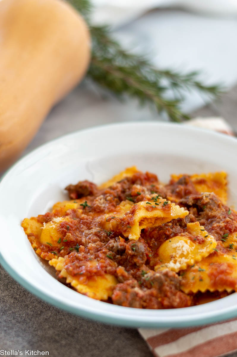 Pumpkin ravioli with bolognese sauce