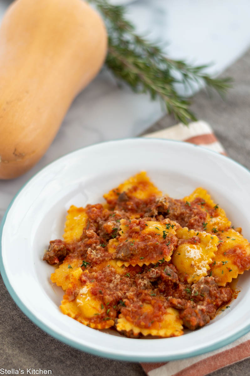 Pumpkin ravioli with bolognese sauce