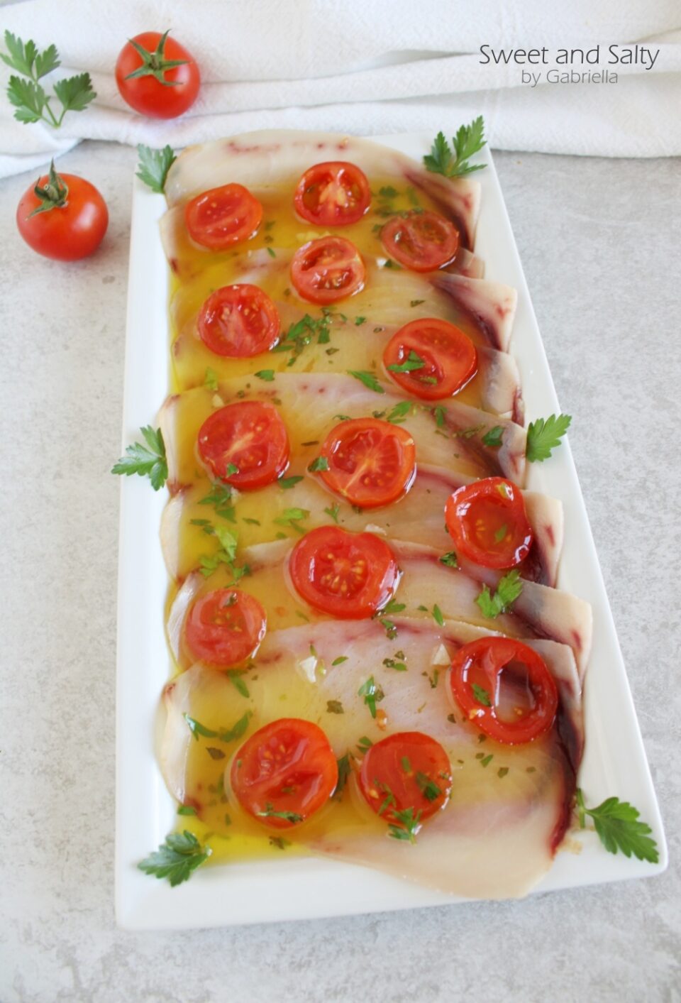 Swordfish Carpaccio with Cherry Tomatoes and Parsley
