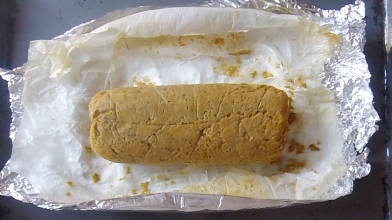 the lentil loaf baked in foil is ready to eat