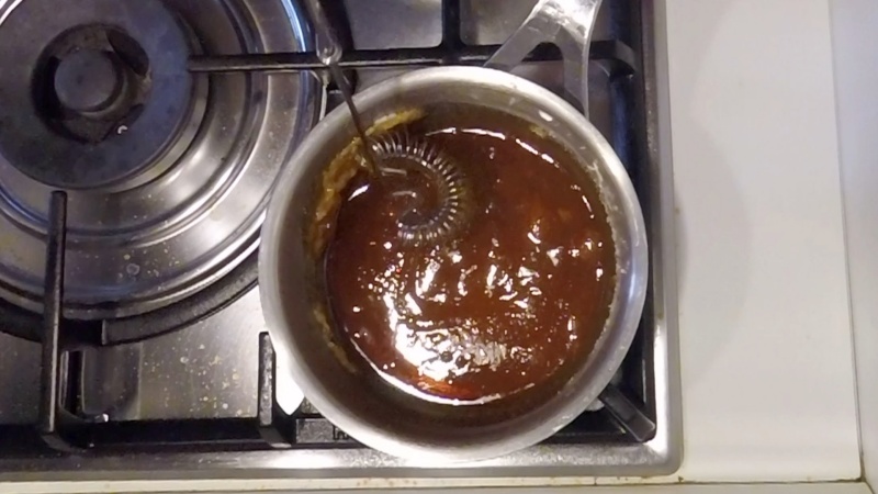 mix the homemade salted caramel sauce with a spiral whisk