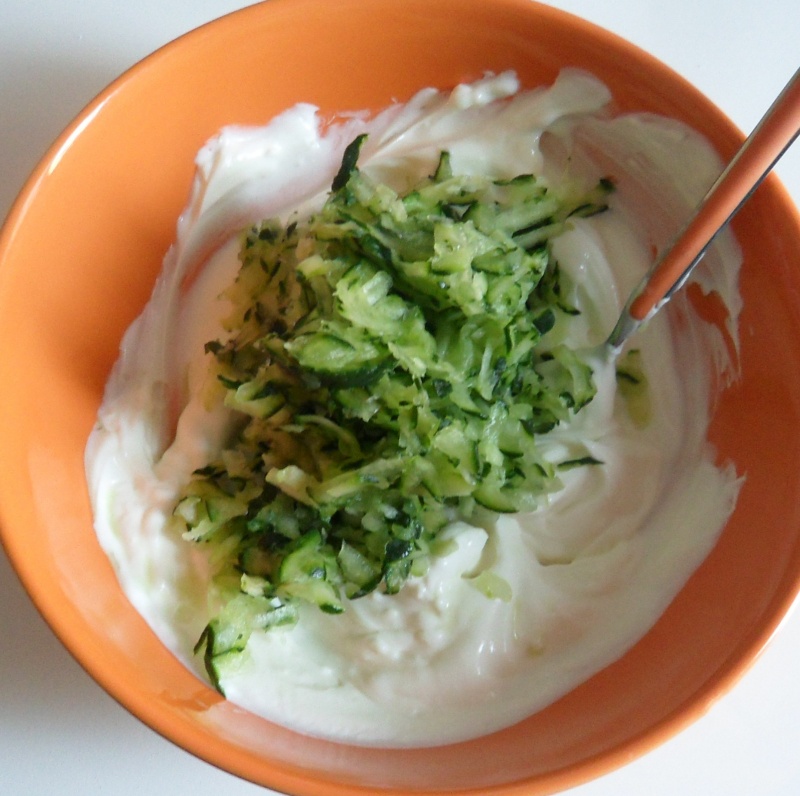 add grated cucumber to greek yogurt for the tzatziki dip