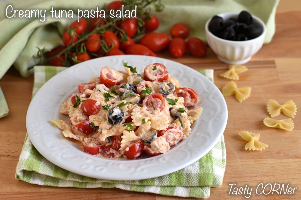 creamy tuna pasta salad with cherry tomatoes and olives by tasty corner