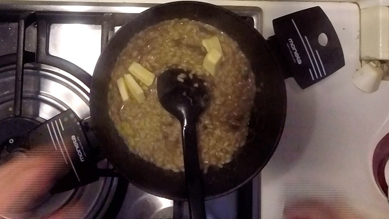 add butter to the risotto with dried porcini mushrooms at the end of cooking