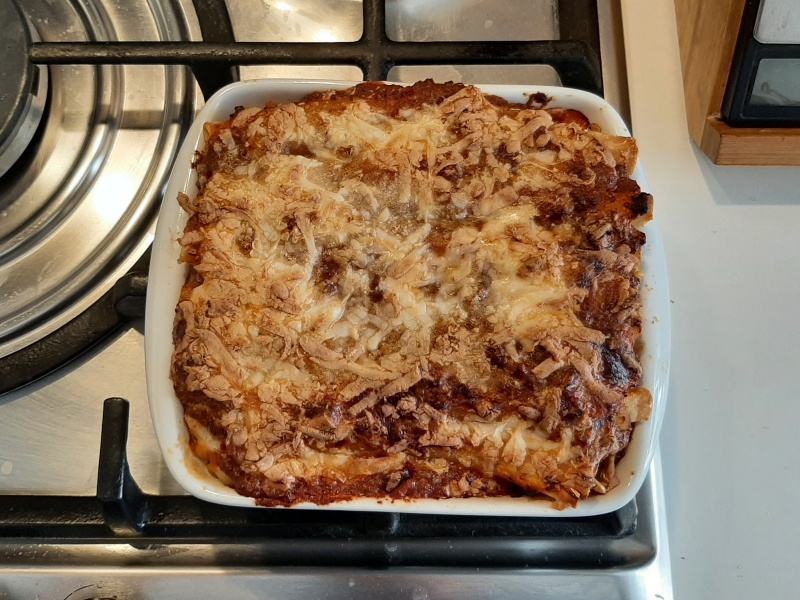 baked ziti bolognese is ready