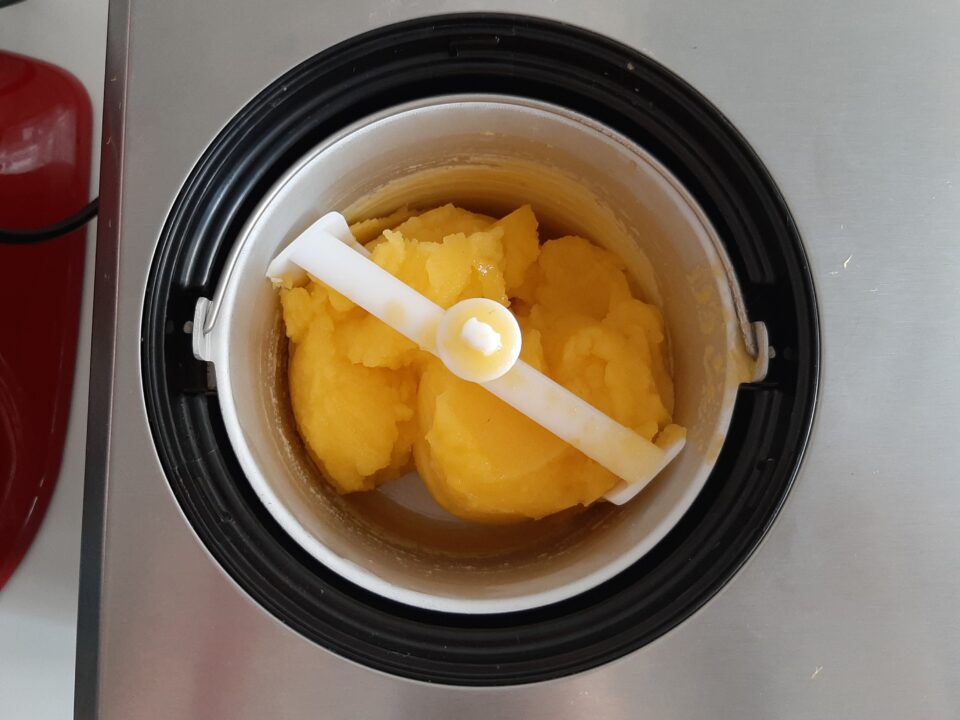 the homemade mango sorbet is ready to serve