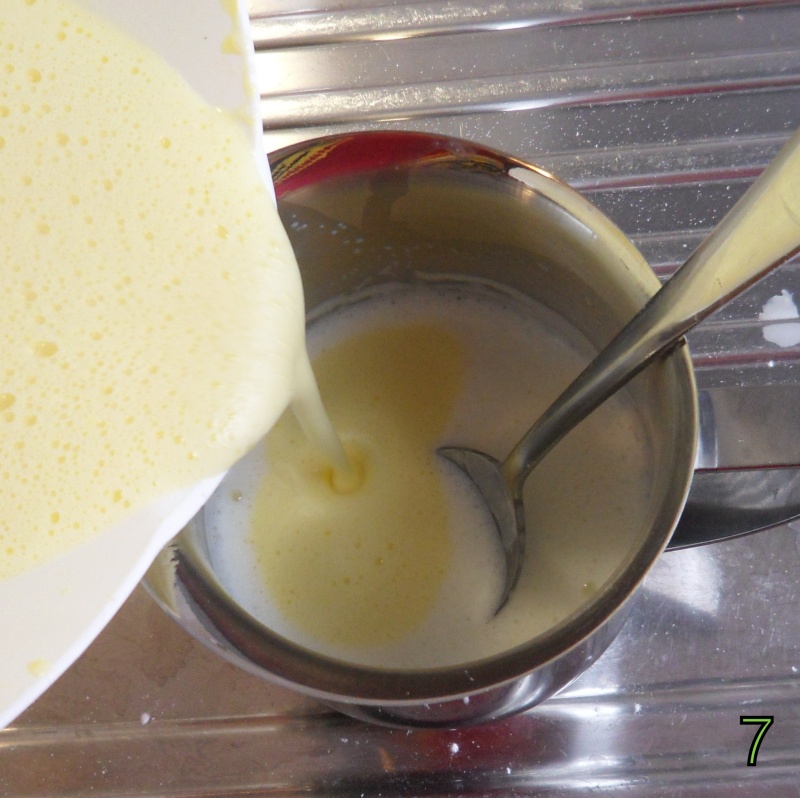 combine the egg mix with warm milk for the gluten-free custard