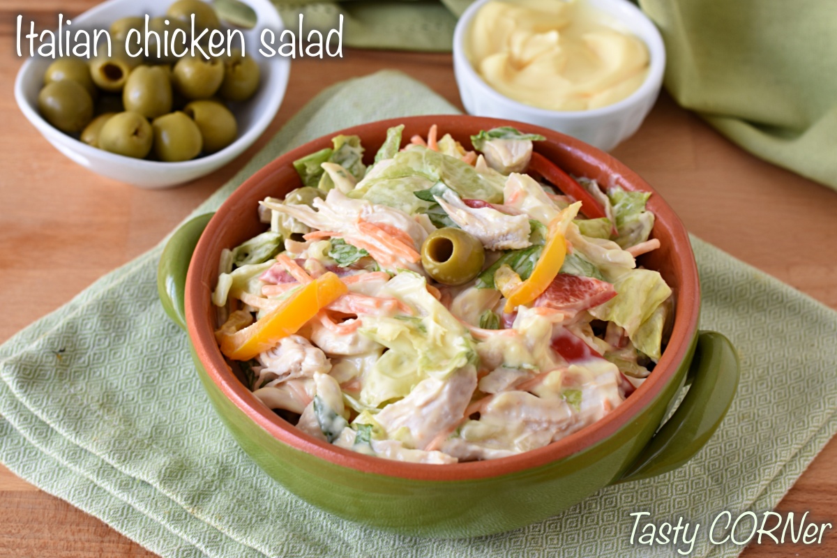 classic italian chicken salad with mayo olives pickled vegetables lettuce by tasty corner