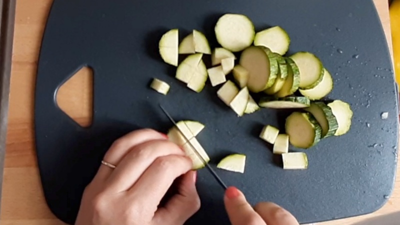 cut zucchini in to cubes for the italian vegetables stew