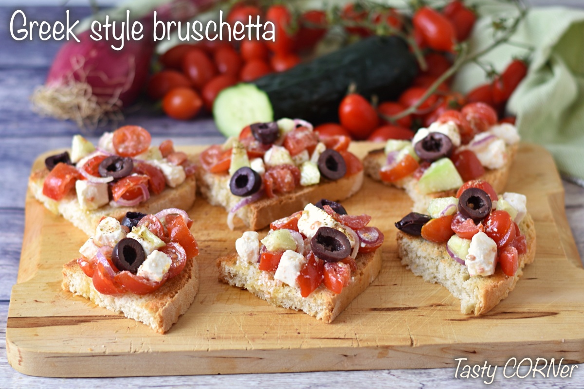 greek-style bruschetta easy and tasty appetizer with feta cheese and croutons by tasty corner