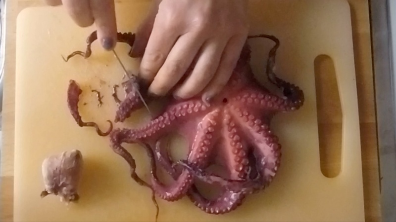 Season and slice the octopus